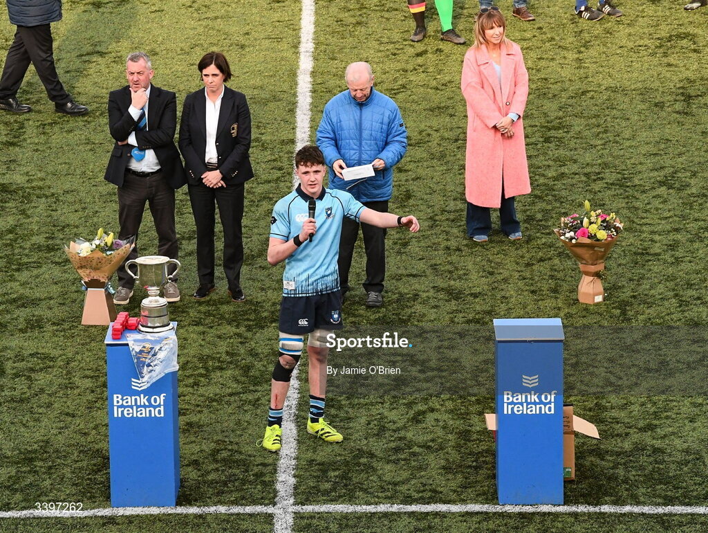 20 March 2026; Ryan O’Malley of St Michael’s College makes his speech after the Bank of Ireland Leinster Rugby Boys Schools Junior Cup final match between St Mary's College and St Michael's College at Energia Park in Dublin. Photo by Jamie O'Brien/Sportsfile