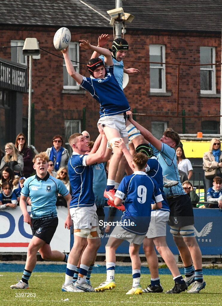 20 March 2026; Max Hoey of St Mary’s College during the Bank of Ireland Leinster Rugby Boys Schools Junior Cup final match between St Mary's College and St Michael's College at Energia Park in Dublin. Photo by Jamie O'Brien/Sportsfile