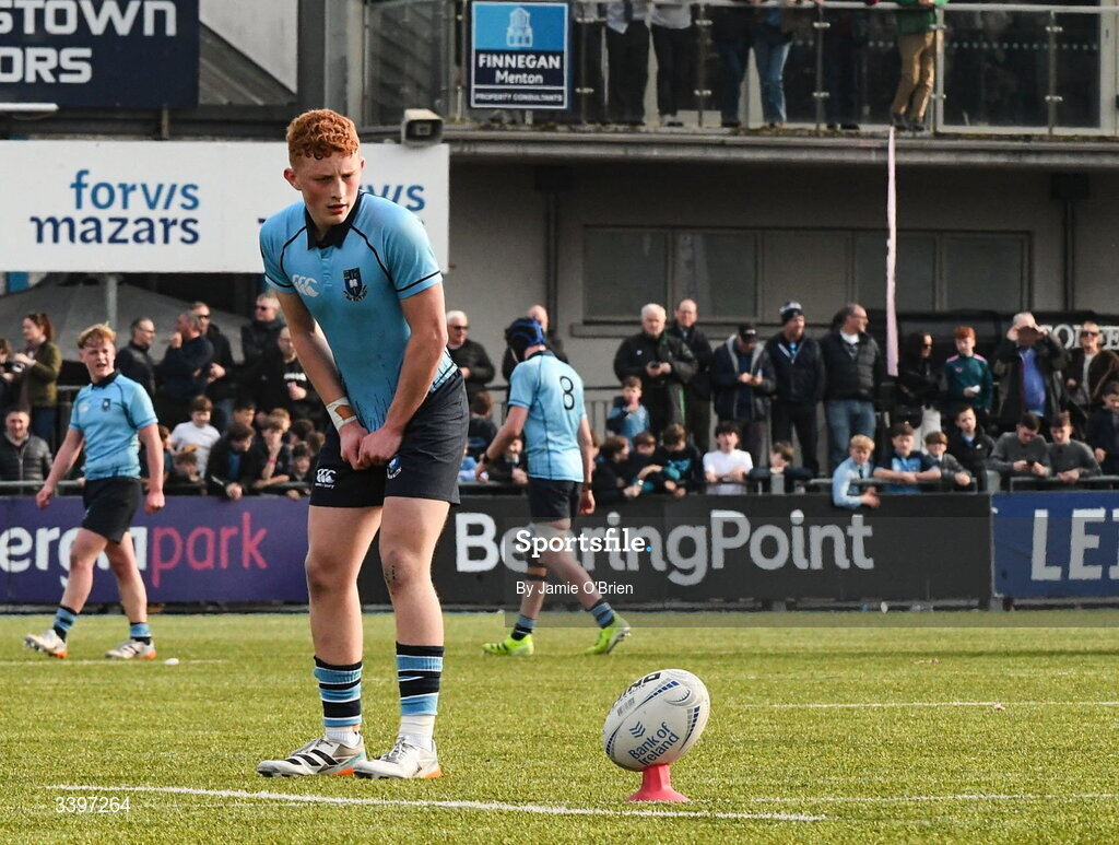 20 March 2026; Eoghan McNulty of St Michael’s College during the Bank of Ireland Leinster Rugby Boys Schools Junior Cup final match between St Mary's College and St Michael's College at Energia Park in Dublin. Photo by Jamie O'Brien/Sportsfile