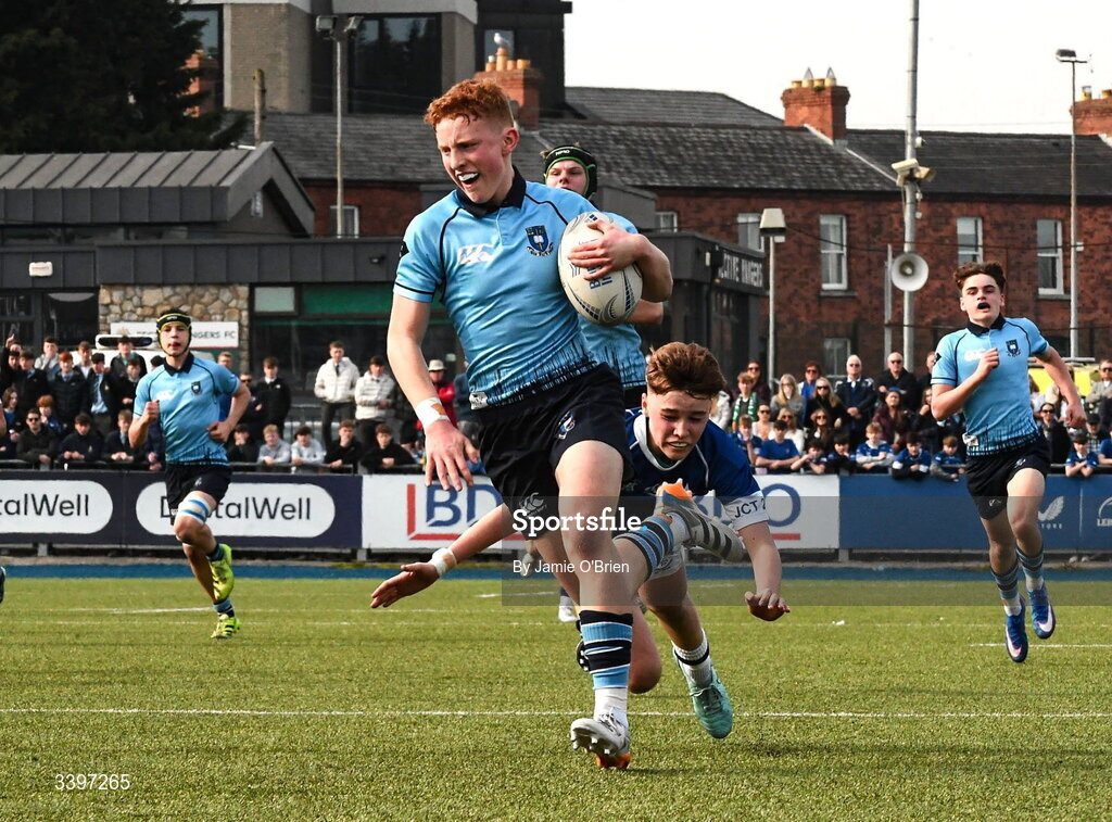 20 March 2026; Eoghan McNulty of St Michael’s College during the Bank of Ireland Leinster Rugby Boys Schools Junior Cup final match between St Mary's College and St Michael's College at Energia Park in Dublin. Photo by Jamie O'Brien/Sportsfile