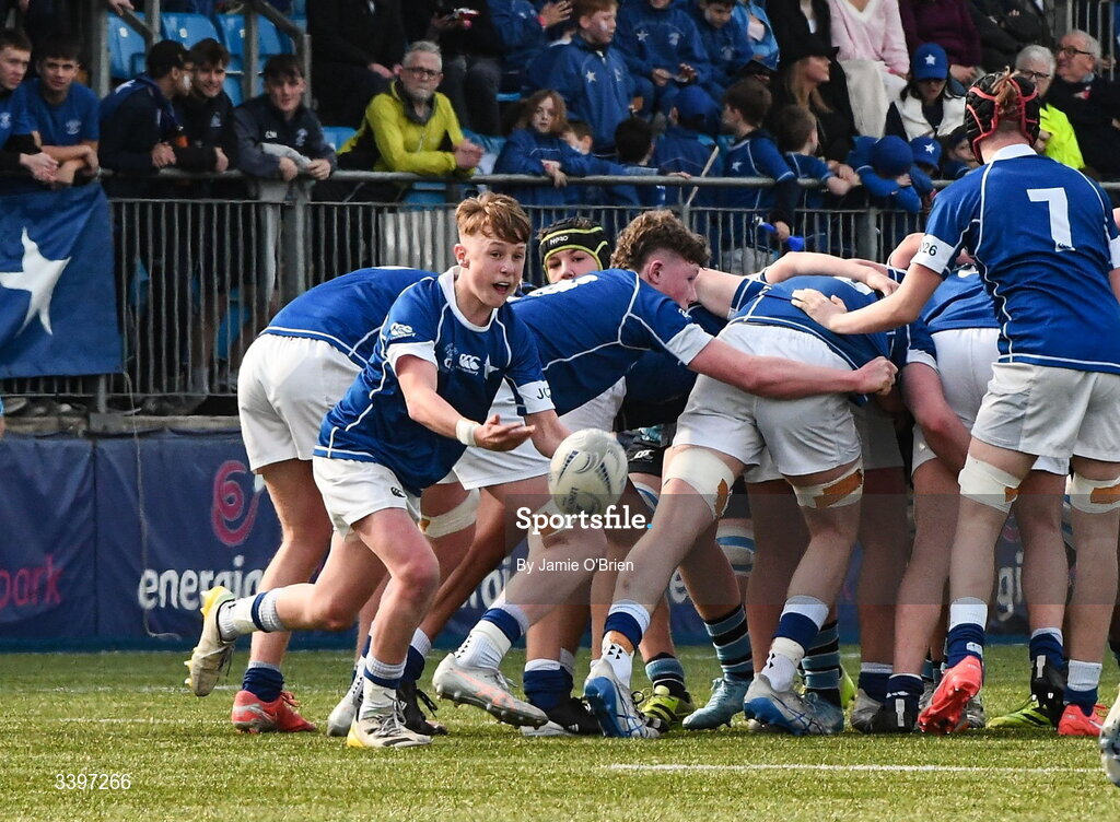 20 March 2026; Danny Bishop of St Mary’s College during the Bank of Ireland Leinster Rugby Boys Schools Junior Cup final match between St Mary's College and St Michael's College at Energia Park in Dublin. Photo by Jamie O'Brien/Sportsfile