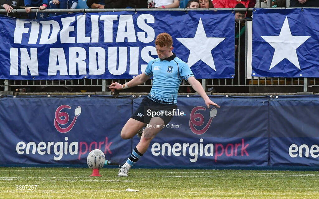 20 March 2026; Eoghan McNulty of St Michael’s College during the Bank of Ireland Leinster Rugby Boys Schools Junior Cup final match between St Mary's College and St Michael's College at Energia Park in Dublin. Photo by Jamie O'Brien/Sportsfile
