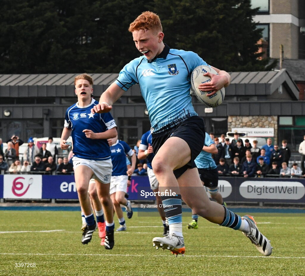 20 March 2026; Eoghan McNulty of St Michael’s College during the Bank of Ireland Leinster Rugby Boys Schools Junior Cup final match between St Mary's College and St Michael's College at Energia Park in Dublin. Photo by Jamie O'Brien/Sportsfile