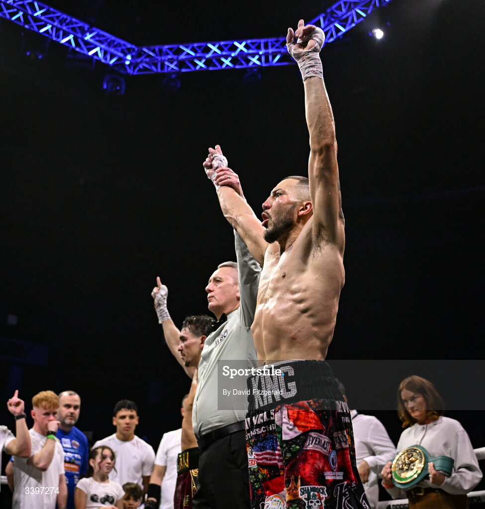20 March 2026; Kevin Walsh celebrates after winning the WBC featherweight title from defending champion Michael Conlan at the SSE Arena in Belfast. Photo by David Fitzgerald/Sportsfile