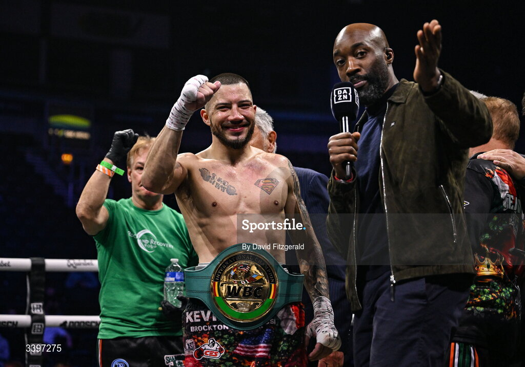 20 March 2026; Kevin Walsh celebrates after winning the WBC featherweight title from defending champion Michael Conlan at the SSE Arena in Belfast. Photo by David Fitzgerald/Sportsfile