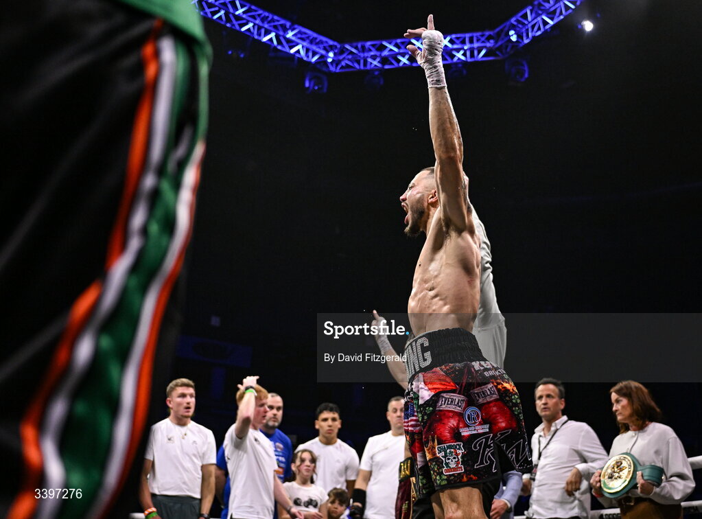 20 March 2026; Kevin Walsh celebrates after winning the WBC featherweight title from defending champion Michael Conlan at the SSE Arena in Belfast. Photo by David Fitzgerald/Sportsfile