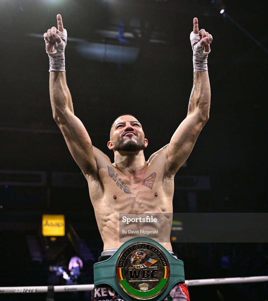 20 March 2026; Kevin Walsh celebrates after winning the WBC featherweight title from defending champion Michael Conlan at the SSE Arena in Belfast. Photo by David Fitzgerald/Sportsfile