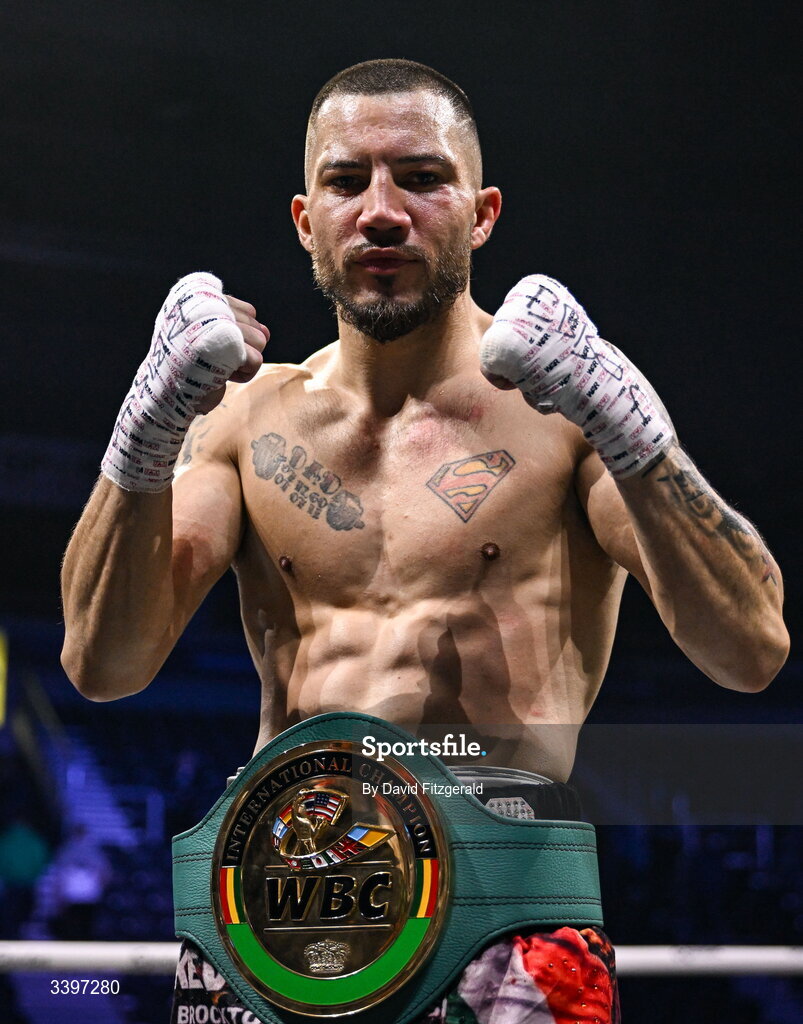 20 March 2026; Kevin Walsh celebrates after winning the WBC featherweight title from defending champion Michael Conlan at the SSE Arena in Belfast. Photo by David Fitzgerald/Sportsfile