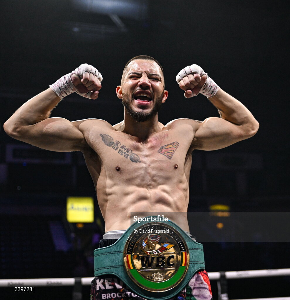 20 March 2026; Kevin Walsh celebrates after winning the WBC featherweight title from defending champion Michael Conlan at the SSE Arena in Belfast. Photo by David Fitzgerald/Sportsfile