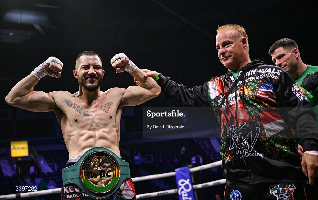 20 March 2026; Kevin Walsh celebrates after winning the WBC featherweight title from defending champion Michael Conlan at the SSE Arena in Belfast. Photo by David Fitzgerald/Sportsfile