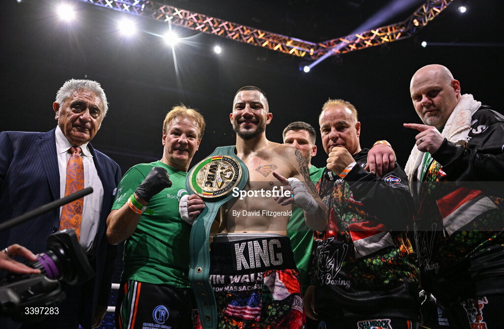 20 March 2026; Kevin Walsh and his backroom team celebrate after winning the WBC featherweight title from defending champion Michael Conlan at the SSE Arena in Belfast. Photo by David Fitzgerald/Sportsfile