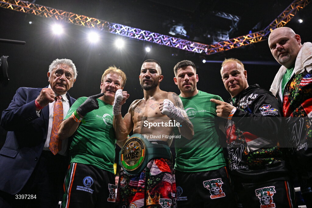 20 March 2026; Kevin Walsh and his backroom team celebrate after winning the WBC featherweight title from defending champion Michael Conlan at the SSE Arena in Belfast. Photo by David Fitzgerald/Sportsfile