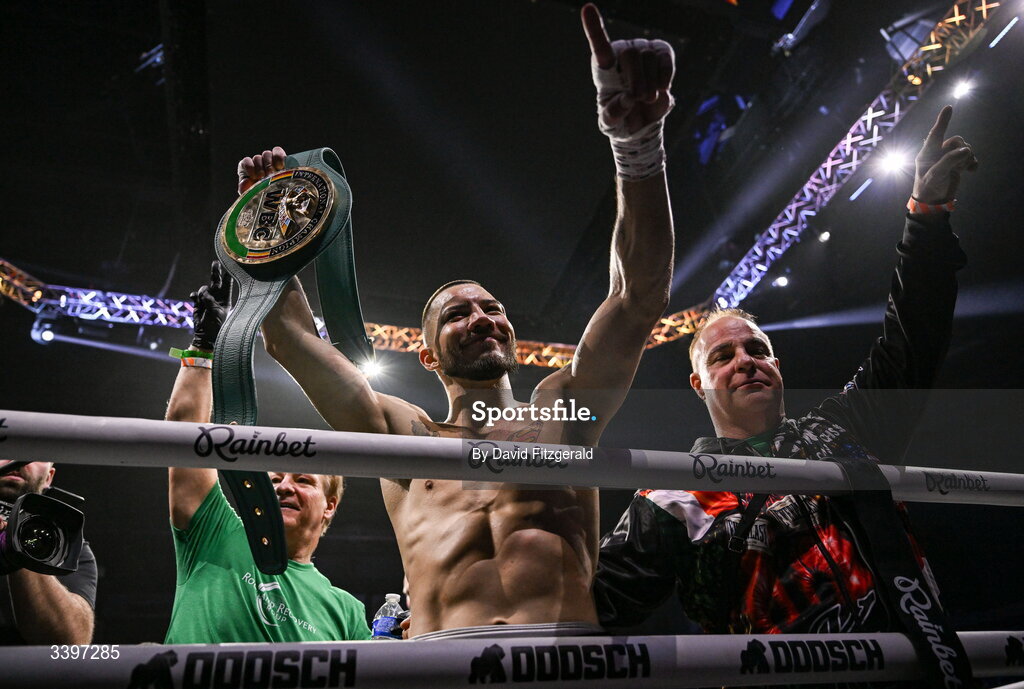 20 March 2026; Kevin Walsh celebrates after winning the WBC featherweight title from defending champion Michael Conlan at the SSE Arena in Belfast. Photo by David Fitzgerald/Sportsfile