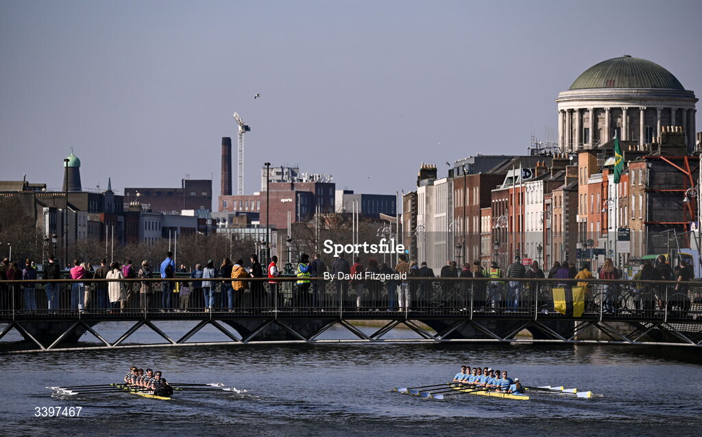 21 March 2026; The UCD Senior Men's team, right, bow to stern, Eoin McGrath, Oisin Dolan, Conor O’Reilly, Ciaran Conway, Andrew O’Leary, Ross Mason, Conaill Cunningham, Dach Murray, and cox Rhian Nelson contest the Gannon Cup against the Trinity College Senior Men's team bow to stern, Pearce Mooney, Eoghan Gloster, Lucas Calvey, Harry Pierce, Anrijs Lorencs, Samuel Walker, Adam Ranko, Ethan Coplan, and cox Caroline Welch during the 76th annual Colours Boat Race between UCD and Trinity College on the River Liffey in Dublin. Photo by David Fitzgerald/Sportsfile