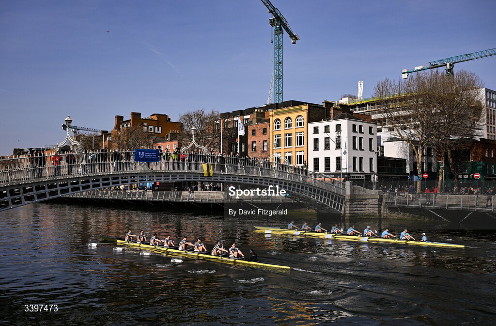21 March 2026; The UCD Senior Men's team, right, bow to stern, Eoin McGrath, Oisin Dolan, Conor O’Reilly, Ciaran Conway, Andrew O’Leary, Ross Mason, Conaill Cunningham, Dach Murray, and cox Rhian Nelson contest the Gannon Cup against the Trinity College Senior Men's team bow to stern, Pearce Mooney, Eoghan Gloster, Lucas Calvey, Harry Pierce, Anrijs Lorencs, Samuel Walker, Adam Ranko, Ethan Coplan, and cox Caroline Welch during the 76th annual Colours Boat Race between UCD and Trinity College on the River Liffey in Dublin. Photo by David Fitzgerald/Sportsfile