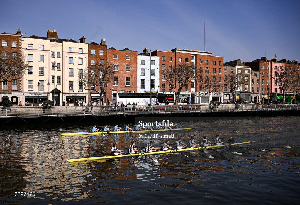 21 March 2026; The UCD Senior Men's team, top, bow to stern, Eoin McGrath, Oisin Dolan, Conor O’Reilly, Ciaran Conway, Andrew O’Leary, Ross Mason, Conaill Cunningham, Dach Murray, and cox Rhian Nelson contest the Gannon Cup against the Trinity College Senior Men's team bow to stern, Pearce Mooney, Eoghan Gloster, Lucas Calvey, Harry Pierce, Anrijs Lorencs, Samuel Walker, Adam Ranko, Ethan Coplan, and cox Caroline Welch during the 76th annual Colours Boat Race between UCD and Trinity College on the River Liffey in Dublin. Photo by David Fitzgerald/Sportsfile
