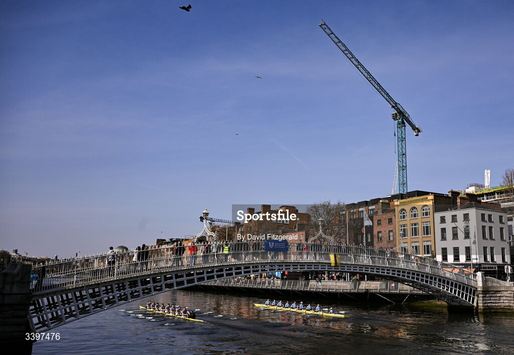21 March 2026; The UCD Senior Men's team, right, bow to stern, Eoin McGrath, Oisin Dolan, Conor O’Reilly, Ciaran Conway, Andrew O’Leary, Ross Mason, Conaill Cunningham, Dach Murray, and cox Rhian Nelson contest the Gannon Cup against the Trinity College Senior Men's team bow to stern, Pearce Mooney, Eoghan Gloster, Lucas Calvey, Harry Pierce, Anrijs Lorencs, Samuel Walker, Adam Ranko, Ethan Coplan, and cox Caroline Welch during the 76th annual Colours Boat Race between UCD and Trinity College on the River Liffey in Dublin. Photo by David Fitzgerald/Sportsfile