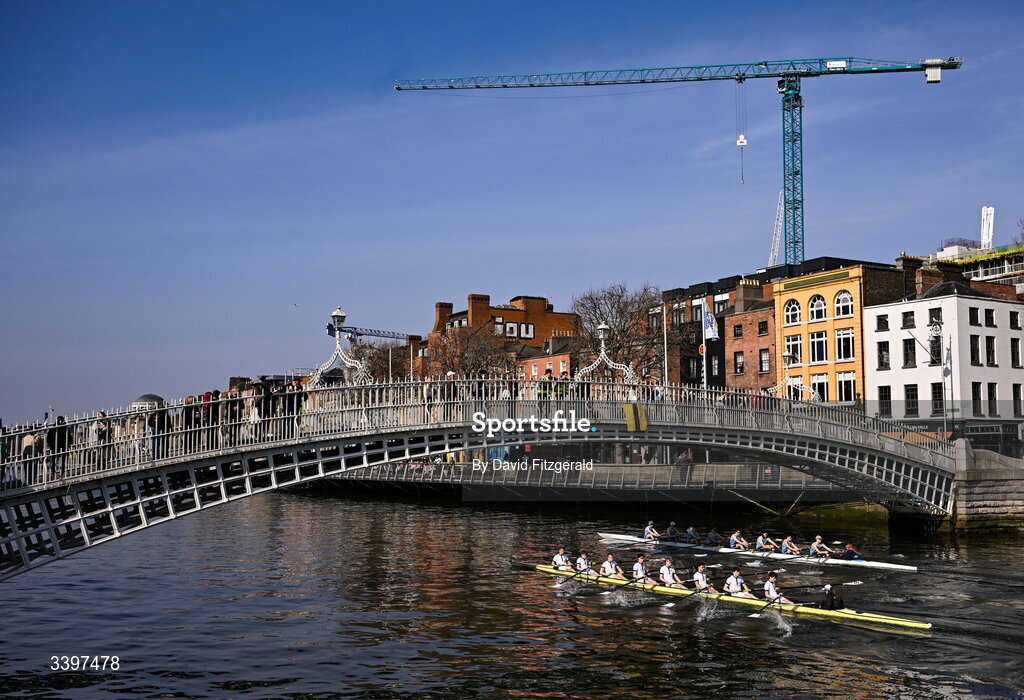 21 March 2026; The UCD Men's junior team, top, bow to stern, Josh Hanson, Matthew Gilson, Daithi Bowen, Luke Boyle, Luke Duffy, Jan Mizak, Senan Tighe, Cuan Moore, and cox Nisha Woolworth, contest the Dan Quinn Shield against the Trinity College junior team, bow to stern, Bjoern Martin, Phillip Cubbin, Odysseus Leonidoue, Hugo Faulkner, George Goor, Ethan Belleaubre, Cormac Lynch, and cox Emily Carrington during the 76th annual Colours Boat Race between UCD and Trinity College on the River Liffey in Dublin. Photo by David Fitzgerald/Sportsfile