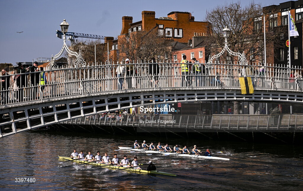 21 March 2026; The UCD Men's junior team, right, bow to stern, Josh Hanson, Matthew Gilson, Daithi Bowen, Luke Boyle, Luke Duffy, Jan Mizak, Senan Tighe, Cuan Moore, and cox Nisha Woolworth, contest the Dan Quinn Shield against the Trinity College junior team, bow to stern, Bjoern Martin, Phillip Cubbin, Odysseus Leonidoue, Hugo Faulkner, George Goor, Ethan Belleaubre, Cormac Lynch, and cox Emily Carrington during the 76th annual Colours Boat Race between UCD and Trinity College on the River Liffey in Dublin. Photo by David Fitzgerald/Sportsfile