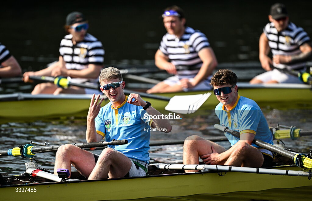 21 March 2026; Dach Murray of UCD Senior Men's team, left, celebrates after winning the Men’s Senior Eights race for the Gannon Cup during the 76th annual Colours Boat Race between UCD and Trinity College on the River Liffey in Dublin. Photo by Seb Daly/Sportsfile