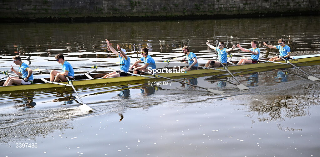 21 March 2026; UCD Senior Men's team, bow to stern, Eoin McGrath, Oisin Dolan, Conor O’Reilly, Ciaran Conway, Andrew O’Leary, Ross Mason, Conaill Cunningham, Dach Murray, celebrate after winning the Men's Senior Eights race for the  Gannon Cup during the 76th annual Colours Boat Race between UCD and Trinity College on the River Liffey in Dublin. Photo by Seb Daly/Sportsfile