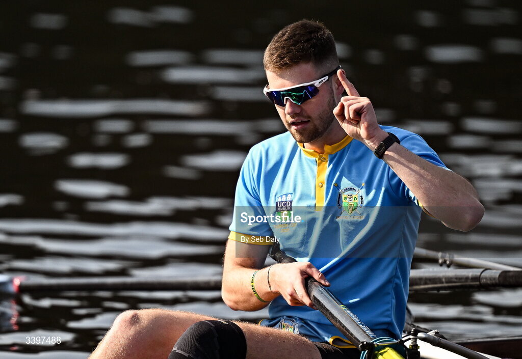 21 March 2026; Conor O’Reilly of UCD Senior Men's team celebrates after winning the Men’s Senior Eights race for the Gannon Cup during the 76th annual Colours Boat Race between UCD and Trinity College on the River Liffey in Dublin. Photo by Seb Daly/Sportsfile