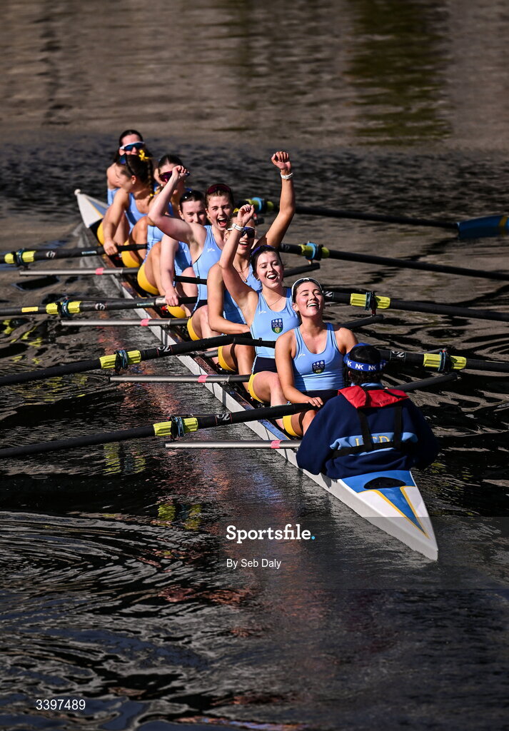 21 March 2026; UCD Women’s Novice Eights team celebrate after winning the Women’s Novice Eights race for the Sally Moorhead Trophy during the 76th annual Colours Boat Race between UCD and Trinity College on the River Liffey in Dublin. Photo by Seb Daly/Sportsfile