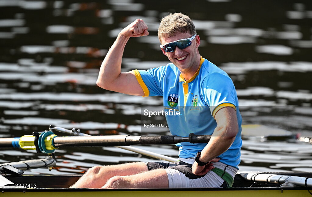 21 March 2026; Dach Murray of UCD Senior Men's team celebrates after winning the Men’s Senior Eights race for the Gannon Cup during the 76th annual Colours Boat Race between UCD and Trinity College on the River Liffey in Dublin. Photo by Seb Daly/Sportsfile