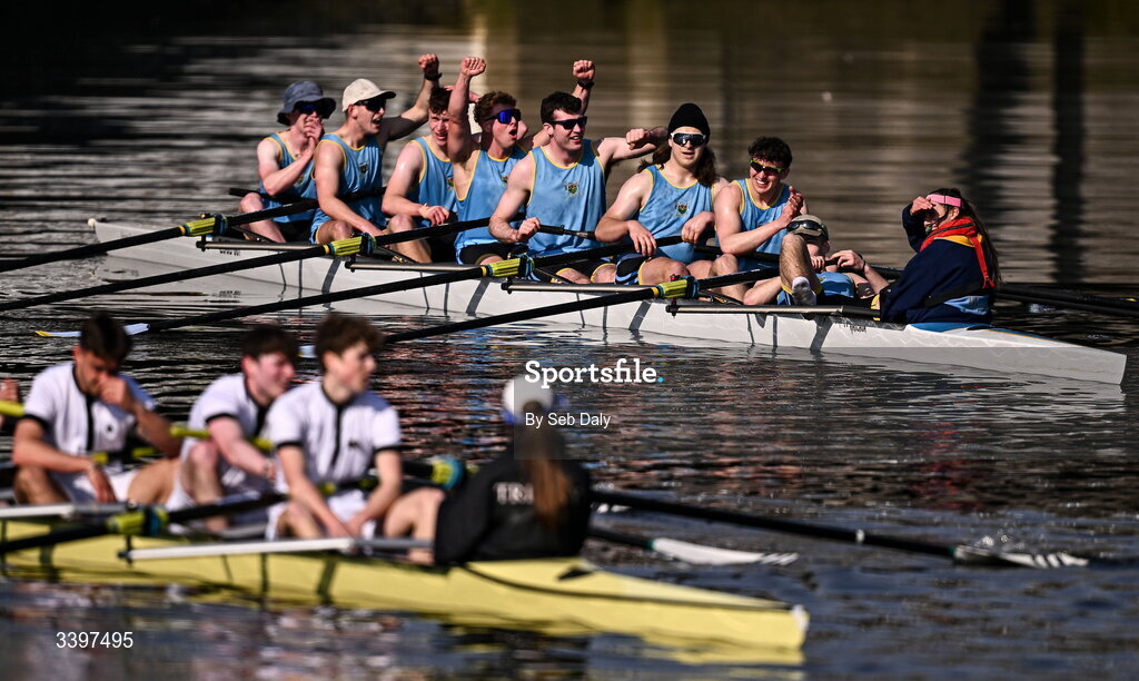 21 March 2026; UCD Men’s Novice Eights team, bow to stern, Josh Hanson, Matthew Gilson, Daithi Bowen, Luke Boyle, Luke Duffy, Jan Mizak, Senan Tighe, Cuan Moore, and cox Nisha Woolworth, celebrate after winning the Men’s Novice Eights race for the Dan Quinn Shield during the 76th annual Colours Boat Race between UCD and Trinity College on the River Liffey in Dublin. Photo by Seb Daly/Sportsfile