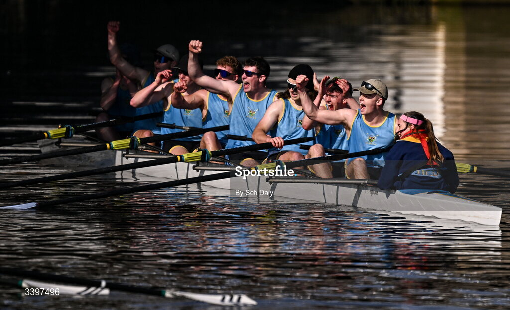 21 March 2026; UCD Men’s Novice Eights team, bow to stern, Josh Hanson, Matthew Gilson, Daithi Bowen, Luke Boyle, Luke Duffy, Jan Mizak, Senan Tighe, Cuan Moore, and cox Nisha Woolworth, celebrate after winning the Men’s Novice Eights race for the Dan Quinn Shield during the 76th annual Colours Boat Race between UCD and Trinity College on the River Liffey in Dublin. Photo by Seb Daly/Sportsfile