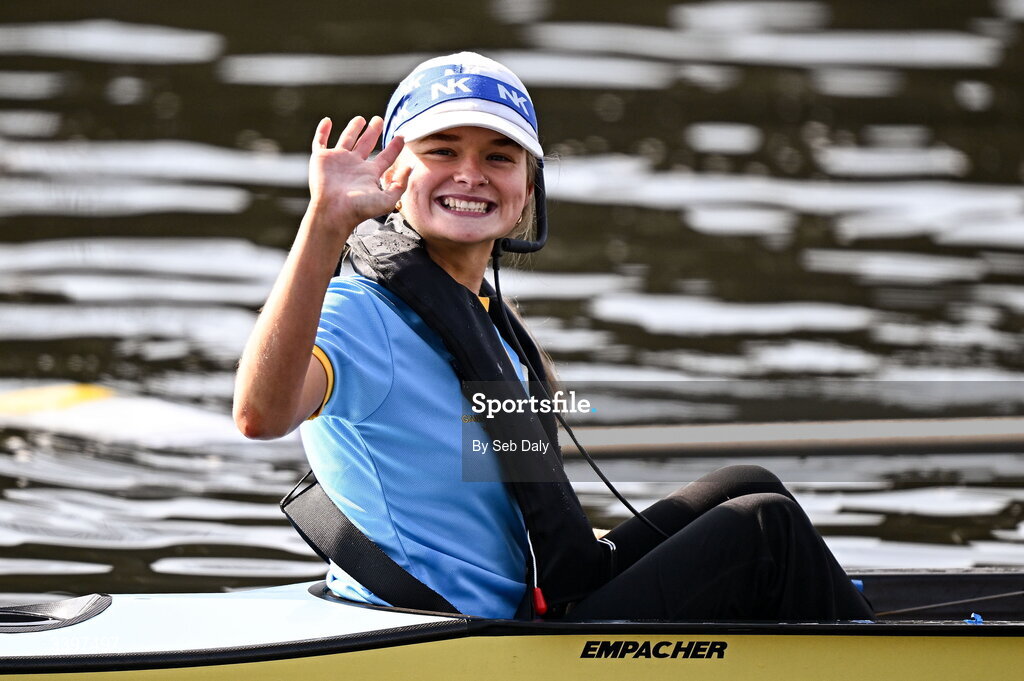 21 March 2026; Cox Rhian Nelson of the UCD Men’s Senior Eights team after winning the Men’s Senior Eights race for the Gannon Cup during the 76th annual Colours Boat Race between UCD and Trinity College on the River Liffey in Dublin. Photo by Seb Daly/Sportsfile