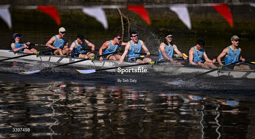 21 March 2026; UCD Men’s Novice Eights team, bow to stern, Josh Hanson, Matthew Gilson, Daithi Bowen, Luke Boyle, Luke Duffy, Jan Mizak, Senan Tighe, Cuan Moore, celebrate after winning the Men’s Novice Eights race for the Dan Quinn Shield during the 76th annual Colours Boat Race between UCD and Trinity College on the River Liffey in Dublin. Photo by Seb Daly/Sportsfile