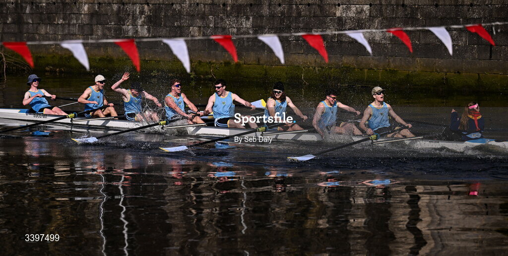 21 March 2026; UCD Men’s Novice Eights team, bow to stern, Josh Hanson, Matthew Gilson, Daithi Bowen, Luke Boyle, Luke Duffy, Jan Mizak, Senan Tighe, Cuan Moore, and cox Nisha Woolworth, celebrate after winning the Men’s Novice Eights race for the Dan Quinn Shield during the 76th annual Colours Boat Race between UCD and Trinity College on the River Liffey in Dublin. Photo by Seb Daly/Sportsfile