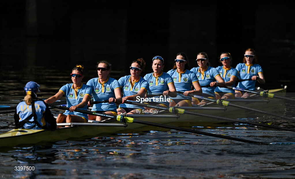 21 March 2026; The UCD Women’s Senior Eights team during the 76th annual Colours Boat Race between UCD and Trinity College on the River Liffey in Dublin. Photo by Seb Daly/Sportsfile