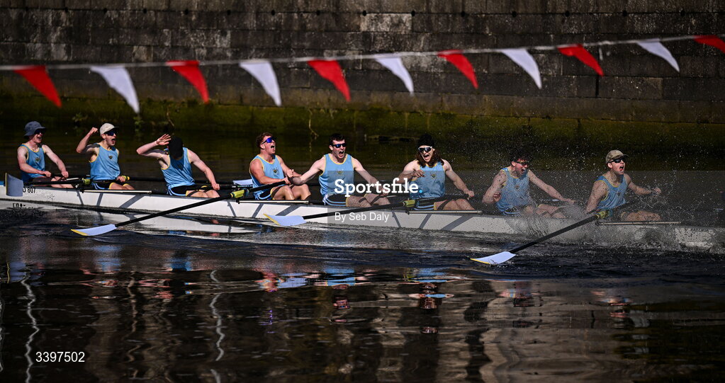 21 March 2026; UCD Men’s Novice Eights team, bow to stern, Josh Hanson, Matthew Gilson, Daithi Bowen, Luke Boyle, Luke Duffy, Jan Mizak, Senan Tighe, Cuan Moore, celebrate after winning the Men’s Novice Eights race for the Dan Quinn Shield during the 76th annual Colours Boat Race between UCD and Trinity College on the River Liffey in Dublin. Photo by Seb Daly/Sportsfile