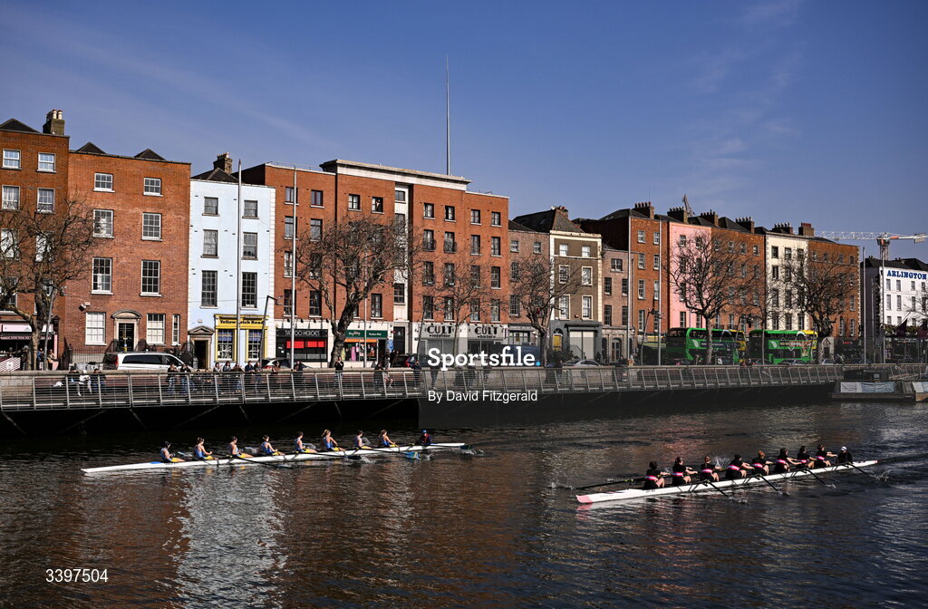 21 March 2026; The UCD Women's junior team, left, bow to stern, Eilís Mullane, Alison Callinan, Isabelle Ryan, Lia Butler, Cato Röell, Faye McEntaggart, Clodagh Walsh, Hannie Culhane, and cox Wyatt Sumner, contest the Sally Moorhead Trophy against the Trinity College Women's junior team, bow to stern, Lucía Guevara Valero, Tara Ní Mhistéal, Irina Kushnereva, Ruby Stricker, Sadhbh Rice, Sophie Duffner, Ellie McDonnell, Laura Bourke, and cox Sarah Fitzpatrick during the 76th annual Colours Boat Race between UCD and Trinity College on the River Liffey in Dublin. Photo by David Fitzgerald/Sportsfile