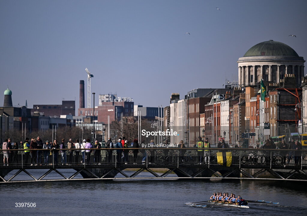 21 March 2026; The UCD Women's junior team, bow to stern, Eilís Mullane, Alison Callinan, Isabelle Ryan, Lia Butler, Cato Röell, Faye McEntaggart, Clodagh Walsh, Hannie Culhane, and cox Wyatt Sumner, contest the Sally Moorhead Trophy against the Trinity College Women's junior team during the 76th annual Colours Boat Race between UCD and Trinity College on the River Liffey in Dublin. Photo by David Fitzgerald/Sportsfile