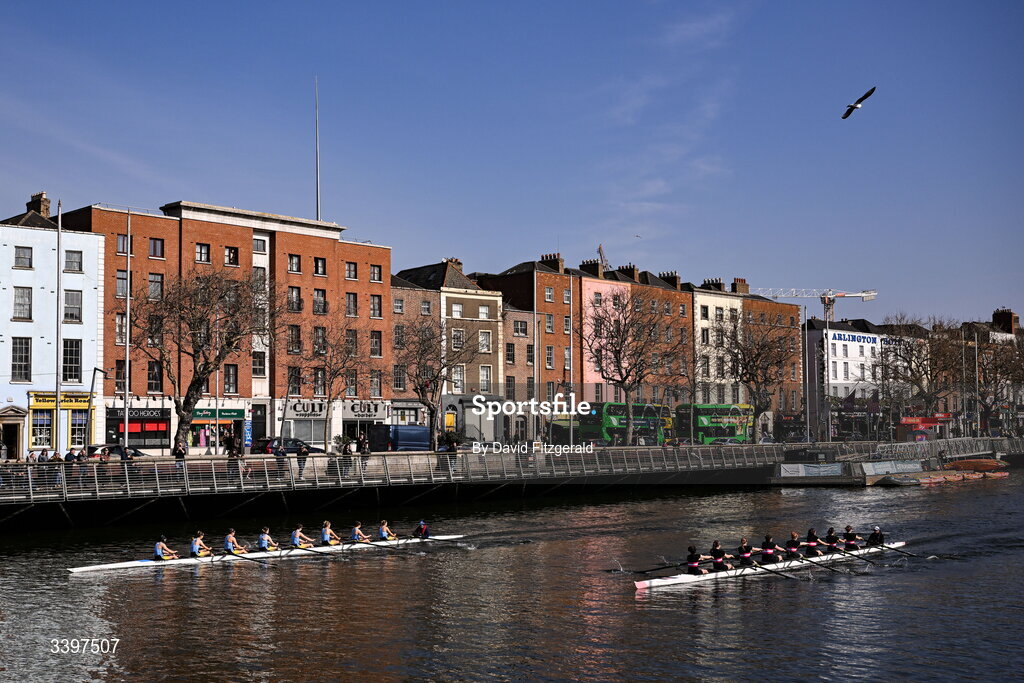 21 March 2026; The UCD Women's junior team, left, bow to stern, Eilís Mullane, Alison Callinan, Isabelle Ryan, Lia Butler, Cato Röell, Faye McEntaggart, Clodagh Walsh, Hannie Culhane, and cox Wyatt Sumner, contest the Sally Moorhead Trophy against the Trinity College Women's junior team, bow to stern, Lucía Guevara Valero, Tara Ní Mhistéal, Irina Kushnereva, Ruby Stricker, Sadhbh Rice, Sophie Duffner, Ellie McDonnell, Laura Bourke, and cox Sarah Fitzpatrick during the 76th annual Colours Boat Race between UCD and Trinity College on the River Liffey in Dublin. Photo by David Fitzgerald/Sportsfile