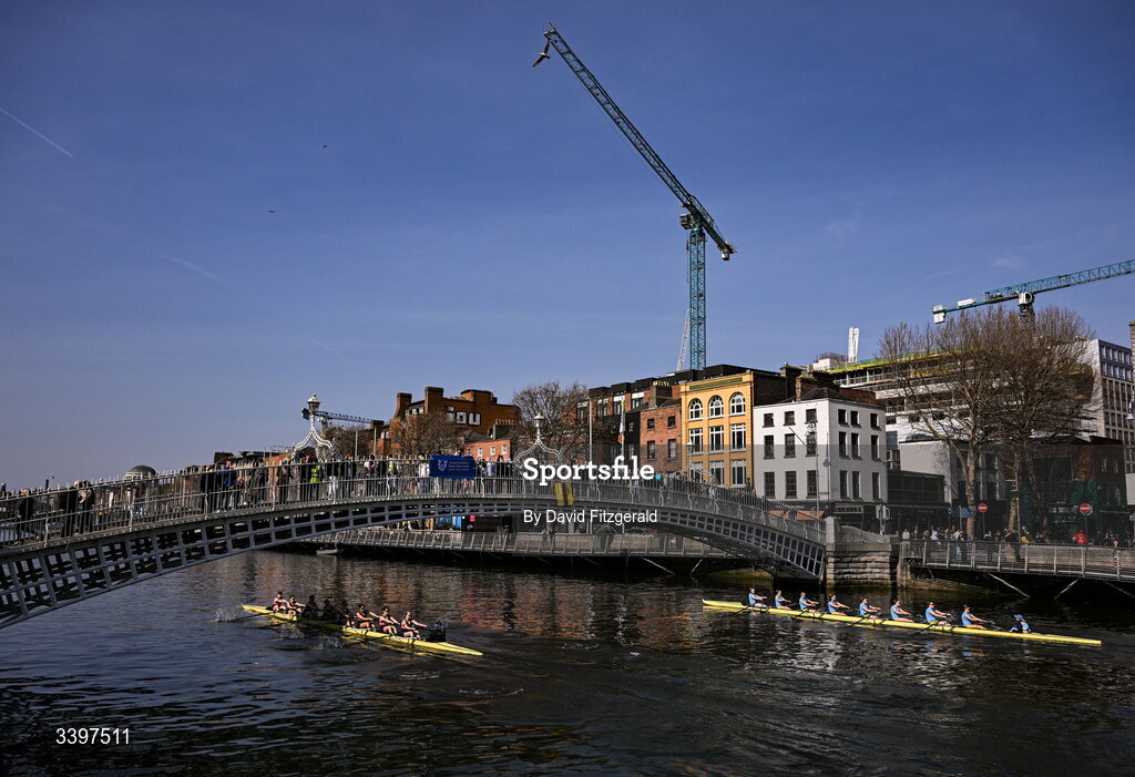 21 March 2026; The UCD Women's senior team, right, bow to stern, Grace O’Sullivan, Carrie Savage, Sophie Rhatigan, Molly Powell, Isabella Devitt, Orla O’Sullivan, Aoife Feeley, Ailíse O’Sullivan, and cox Neasa Farrell, contest the Corcoran Cup against the Trinity College Women's senior team bow to stern, Izzy Howley, Sarah Geoghegan, Danielle Lohrenz, Caoimhe Keller, Jen Forde, Ginevra Guglielmi, María Mezquita García-Poggio, Addy Telzrow, and cox Ava Dolan during the 76th annual Colours Boat Race between UCD and Trinity College on the River Liffey in Dublin. Photo by David Fitzgerald/Sportsfile