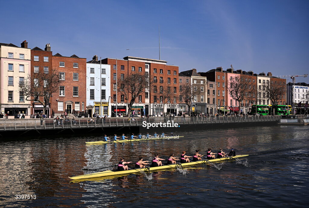 21 March 2026; The UCD Women's senior team, top, bow to stern, Grace O’Sullivan, Carrie Savage, Sophie Rhatigan, Molly Powell, Isabella Devitt, Orla O’Sullivan, Aoife Feeley, Ailíse O’Sullivan, and cox Neasa Farrell, contest the Corcoran Cup against the Trinity College Women's senior team bow to stern, Izzy Howley, Sarah Geoghegan, Danielle Lohrenz, Caoimhe Keller, Jen Forde, Ginevra Guglielmi, María Mezquita García-Poggio, Addy Telzrow, and cox Ava Dolan during the 76th annual Colours Boat Race between UCD and Trinity College on the River Liffey in Dublin. Photo by David Fitzgerald/Sportsfile