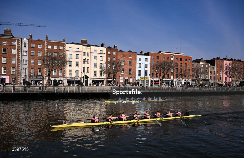 21 March 2026; The UCD Women's senior team, top, bow to stern, Grace O’Sullivan, Carrie Savage, Sophie Rhatigan, Molly Powell, Isabella Devitt, Orla O’Sullivan, Aoife Feeley, Ailíse O’Sullivan, and cox Neasa Farrell, contest the Corcoran Cup against the Trinity College Women's senior team bow to stern, Izzy Howley, Sarah Geoghegan, Danielle Lohrenz, Caoimhe Keller, Jen Forde, Ginevra Guglielmi, María Mezquita García-Poggio, Addy Telzrow, and cox Ava Dolan during the 76th annual Colours Boat Race between UCD and Trinity College on the River Liffey in Dublin. Photo by David Fitzgerald/Sportsfile