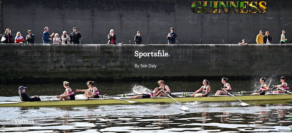 21 March 2026; Trinity College Women’s Senior Eights team, bow to stern, Izzy Howley, Sarah Geoghegan, Danielle Lohrenz, Caoimhe Keller, Jen Forde, Ginevra Guglielmi, María Mezquita García-Poggio, Addy Telzrow, and cox Ava Dolan, celebrate after winning the Women’s Senior Eights race for the Corcoran Cup during the 76th annual Colours Boat Race between UCD and Trinity College on the River Liffey in Dublin. Photo by Seb Daly/Sportsfile