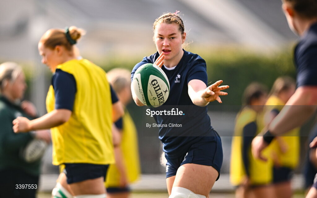 21 March 2026; Aoibheann McGrath of Clovers, centre, and team-mates warm-up before the Celtic Challenge semi-final match between Clovers and Gwalia Lightning at Dexcom Stadium in Galway. Photo by Shauna Clinton/Sportsfile