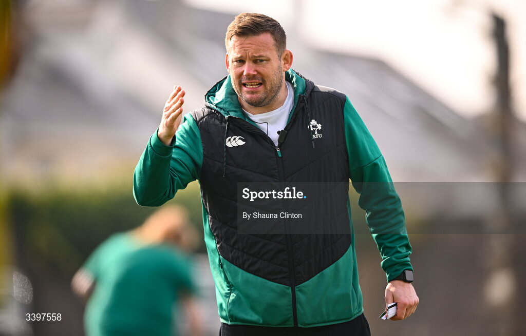21 March 2026; Clovers head coach Denis Fogarty before the Celtic Challenge semi-final match between Clovers and Gwalia Lightning at Dexcom Stadium in Galway. Photo by Shauna Clinton/Sportsfile