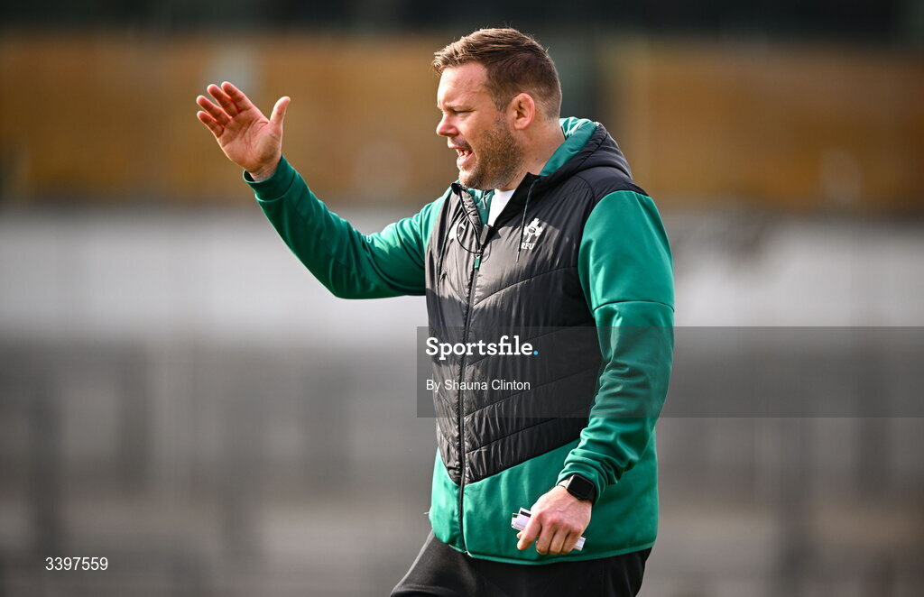 21 March 2026; Clovers head coach Denis Fogarty before the Celtic Challenge semi-final match between Clovers and Gwalia Lightning at Dexcom Stadium in Galway. Photo by Shauna Clinton/Sportsfile