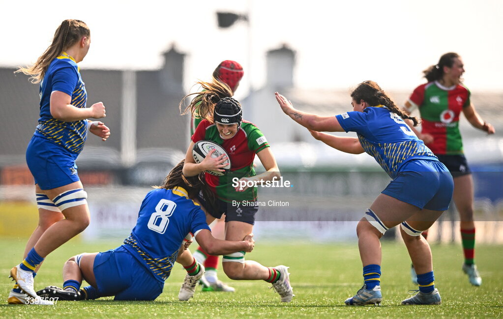 21 March 2026; Aoibhe O’Flynn of Clovers is tackled by Bryonie King of Gwalia Lightning during the Celtic Challenge semi-final match between Clovers and Gwalia Lightning at Dexcom Stadium in Galway. Photo by Shauna Clinton/Sportsfile