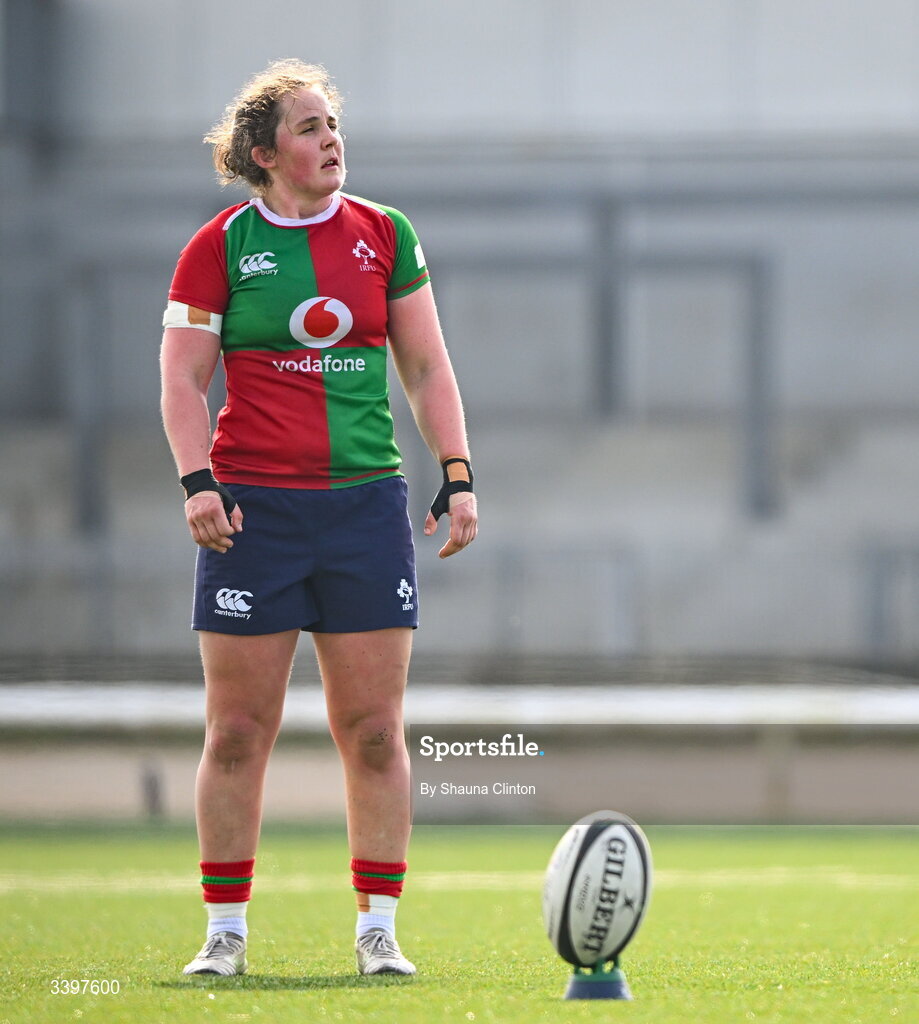 21 March 2026; Enya Breen of Clovers preparea to kick a conversion during the Celtic Challenge semi-final match between Clovers and Gwalia Lightning at Dexcom Stadium in Galway. Photo by Shauna Clinton/Sportsfile