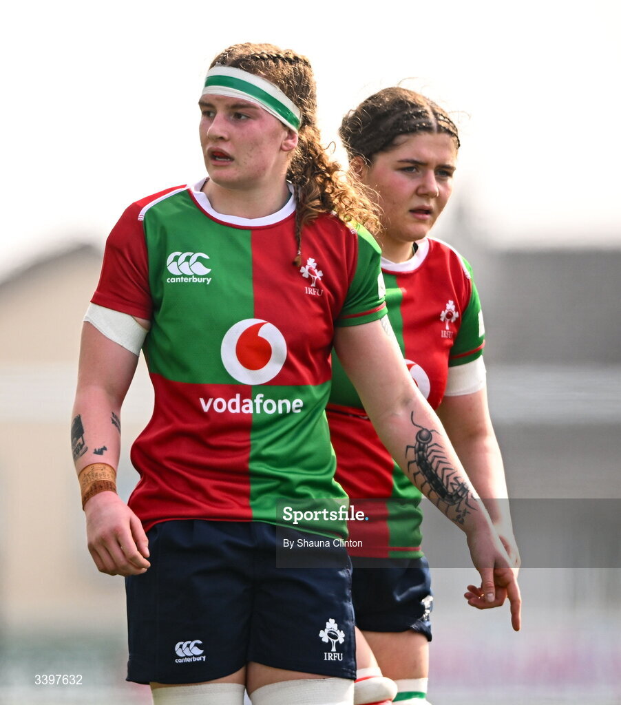 21 March 2026; Ruth Campbell, left, and Jemima Adams Verling of Clovers during the Celtic Challenge semi-final match between Clovers and Gwalia Lightning at Dexcom Stadium in Galway. Photo by Shauna Clinton/Sportsfile