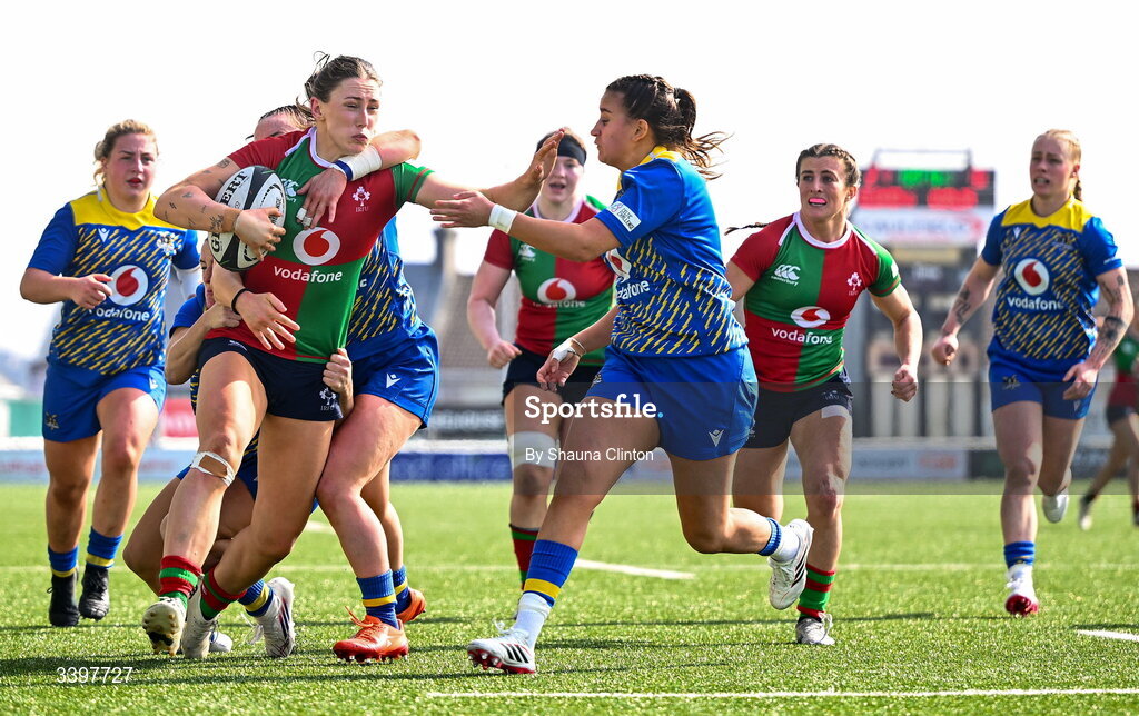 21 March 2026; Anna McGann of Clovers is tackled by Gwennan Hopkins of Gwalia Lightning during the Celtic Challenge semi-final match between Clovers and Gwalia Lightning at Dexcom Stadium in Galway. Photo by Shauna Clinton/Sportsfile