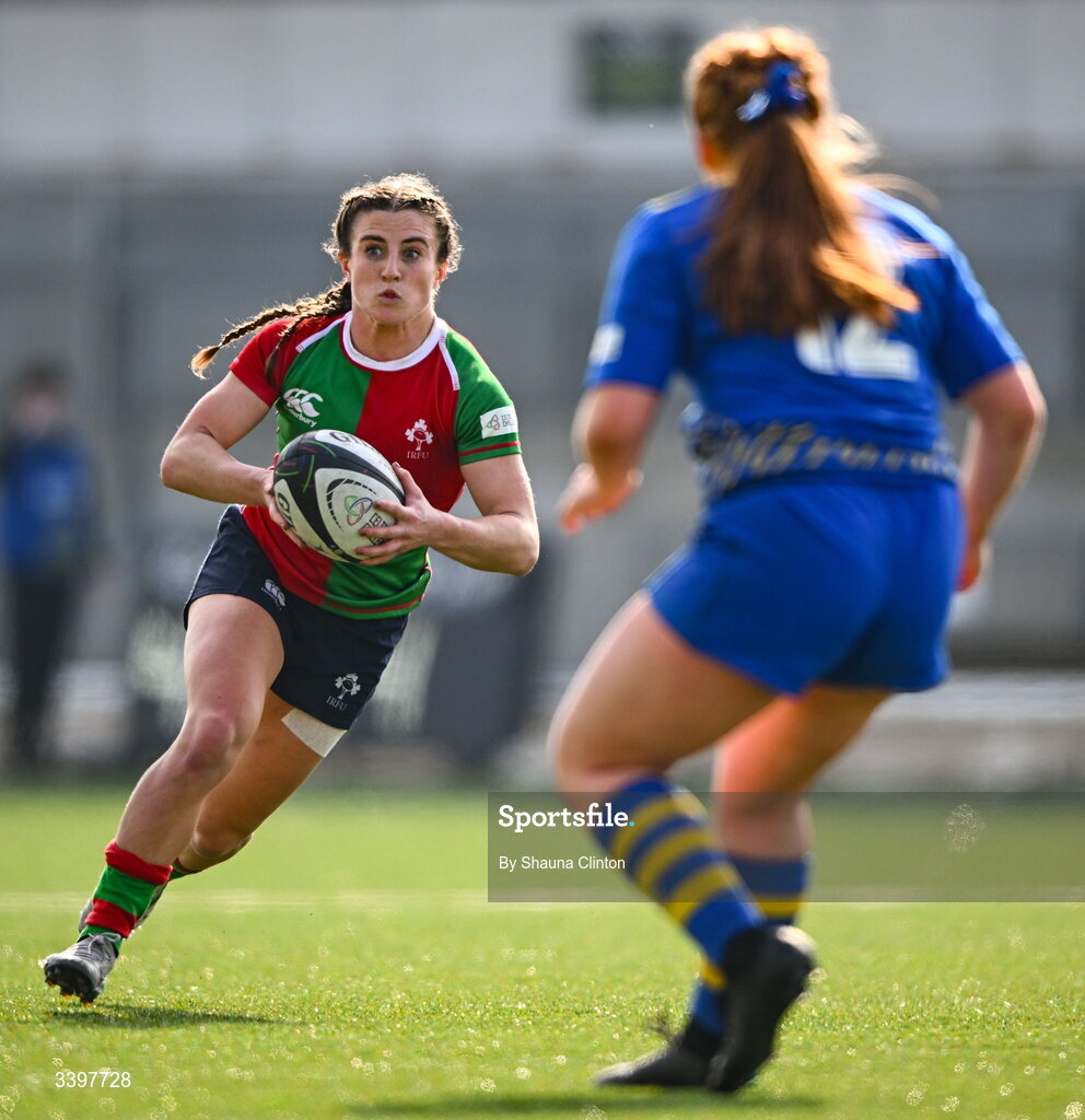 21 March 2026; Emily Lane of Clovers in action against Isla McMullen of Gwalia Lightning during the Celtic Challenge semi-final match between Clovers and Gwalia Lightning at Dexcom Stadium in Galway. Photo by Shauna Clinton/Sportsfile